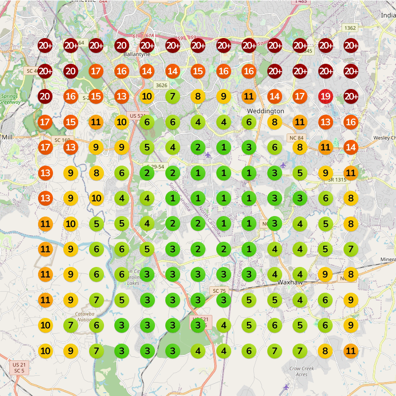 Local SEO ranking grid showing geographic coverage